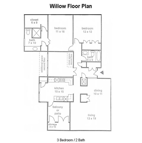 Floor plan for 3 beds, 2 baths, 1497 sqft